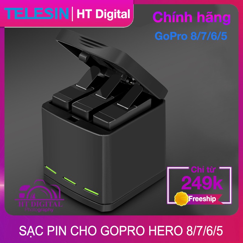 Dock Sạc Telesin 3 Pin Cho Máy Quay GoPro Hero 5 6 7 8 (Hàng Chính Hãng)