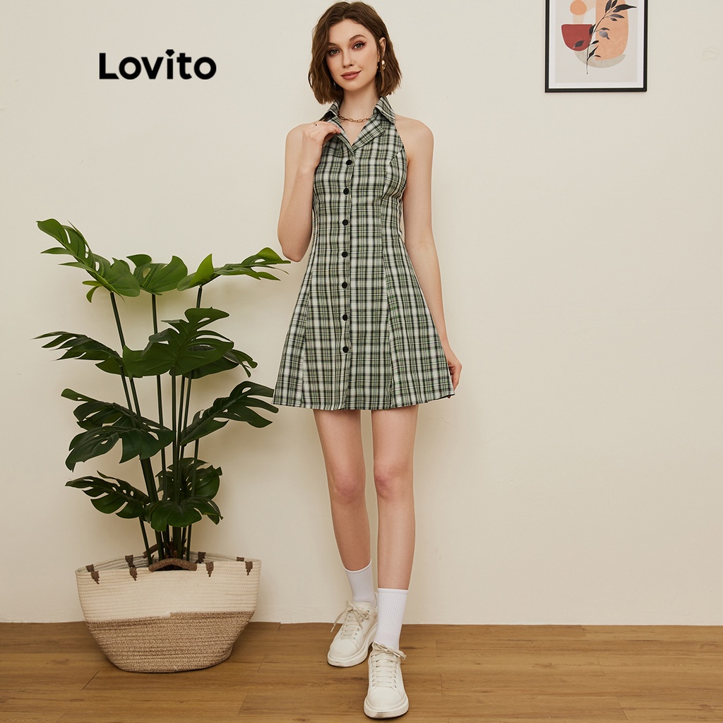 Đầm sơ mi Lovito hở lưng có cổ họa tiết kẻ caro phong cách preppy L19D049 (Màu xanh lục)