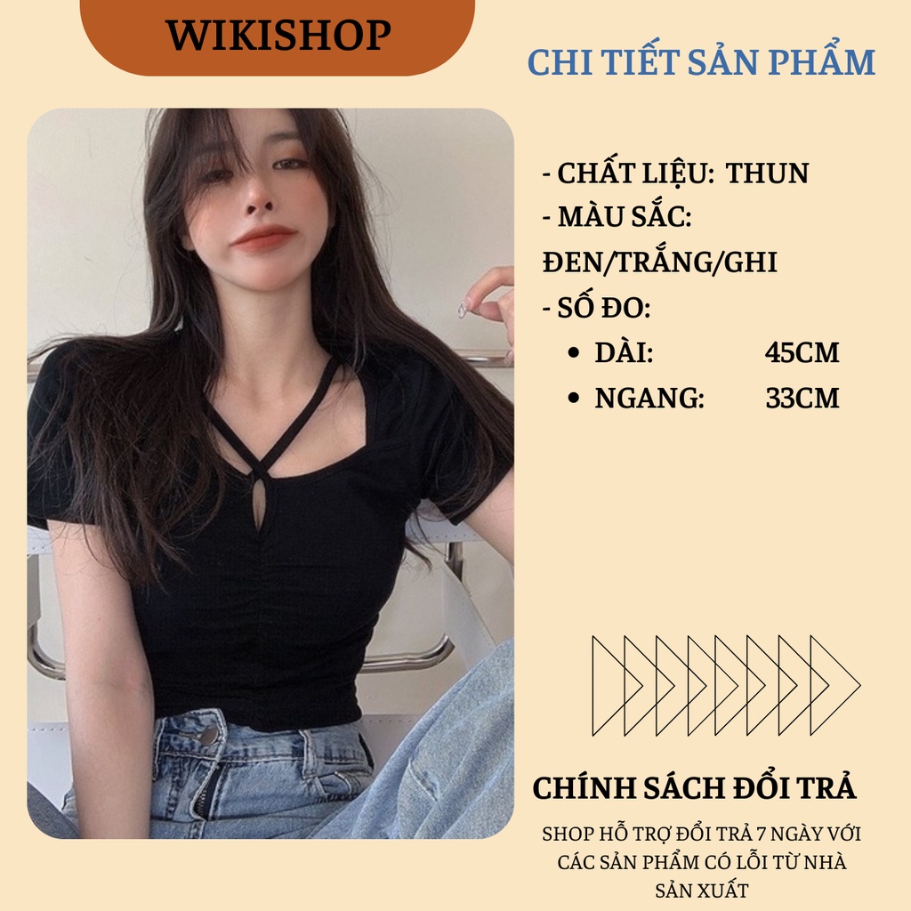 Áo thun croptop nữ cộc tay đan dây chéo ngực WIkishop đen trắng ghi freesize phom ôm hở eo tôn dáng sexy hàn quốc C806