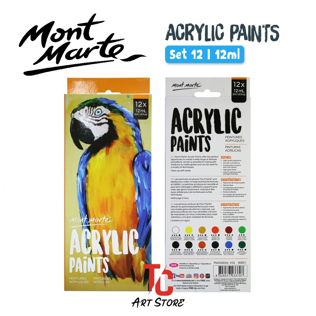 Set Acrylic Mont Marte 12 màu, 18 màu, 24 màu - tuýp 12ml