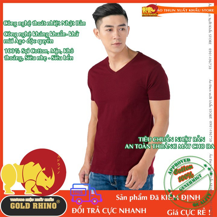 áo thun Nam cổ tim cao cấp hiệu GOLD RHINO màu đỏ đô ngắn tay 100% cotton vải mịn thoáng mát kháng khuẩn -Hàng Có Sẵn