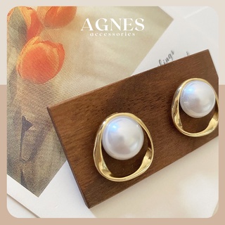 Khuyên tai nữ bầu dục kim loại đính hạt trai AGNES K1005