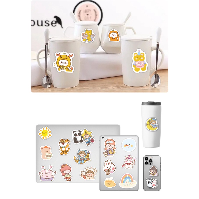 Set 60-100 Nhãn Dán Trang Trí Tủ Lạnh Laptop Chống Thấm Nước Hình Gấu Kiểu Hàn Quốc Dễ Thương