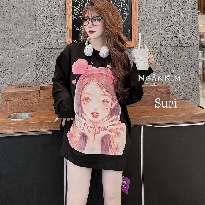 Áo thun nữ dài tay form rộng siêu rộng cổ tròn in dẻo trước và sau, vải thun cotton chất xịn dày dặn, áo phông nữ