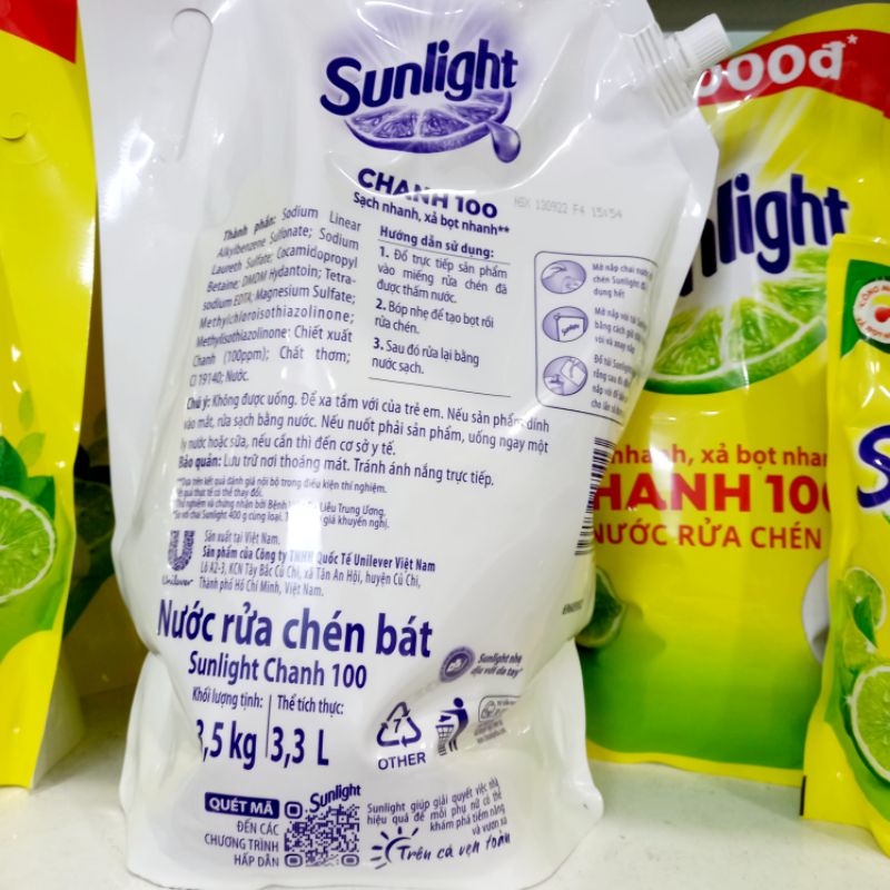 Nước rửa chén Sunlight túi vòi 3.5kg hương chanh tự nhiên sạc nhanh, xả bọt nhanh