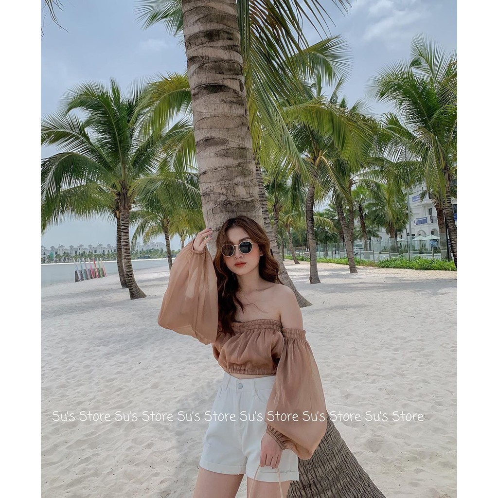 ÁO TRỄ VAI CROPTOP ORGANZA VOAN TƠ BE ĐEN TRẮNG - ÁO CROPTOP TRỄ VAI DÀI TAY GIẤY XƯỚC ULZZANG