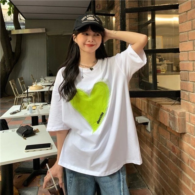 Đầm Lửng Dáng Rộng Cổ Tròn In Hình Trái Tim Thời Trang Mùa Hè Hàng Mới