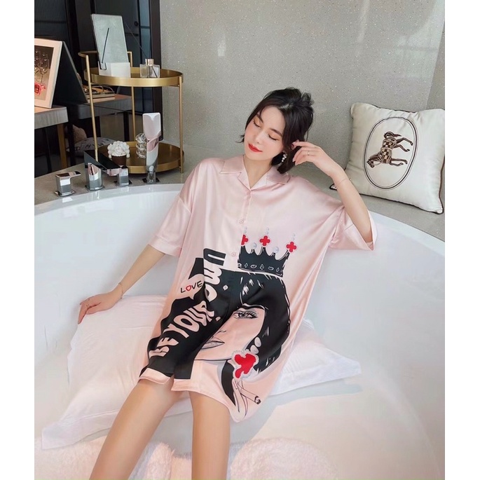 Váy ngủ sơ mi lụa tay lỡ cao cấp quảng châu 12