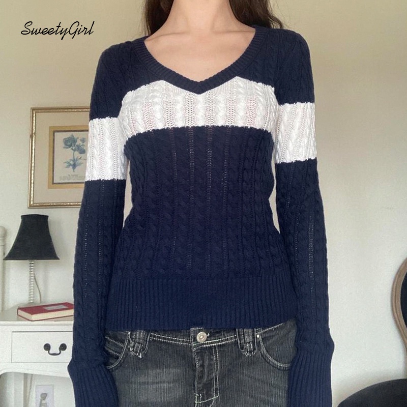 Áo Sweater Dệt Kim Cổ V Tay Dài Ôm Eo Phối Màu Tương Phản Thời Trang 2022 Cho Nữ