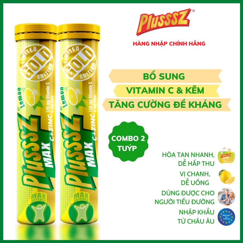 Viên sủi bổ sung vitamin c tăng đề kháng Plusssz Max Vitamin C & ZinC  vị chanh không đường