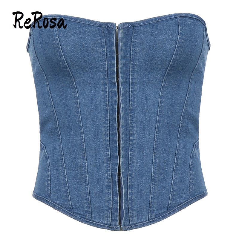 Rerosa Áo Denim Hai Dây Dáng Ôm Gợn Sóng Màu Trơn | BigBuy360 - bigbuy360.vn
