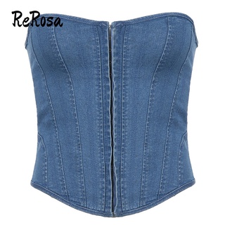 Rerosa Áo Denim Hai Dây Dáng Ôm Gợn Sóng Màu Trơn