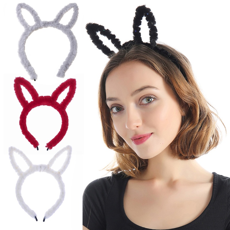 Băng Đô Tai Thỏ Phối Lông Màu Trơn Trang Điểm Hóa Trang Dễ Thương