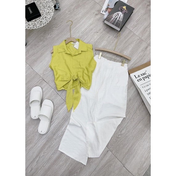 Set áo sơ mi sát nách thắt eo