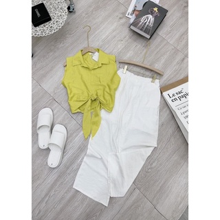 Set áo sơ mi sát nách thắt eo
