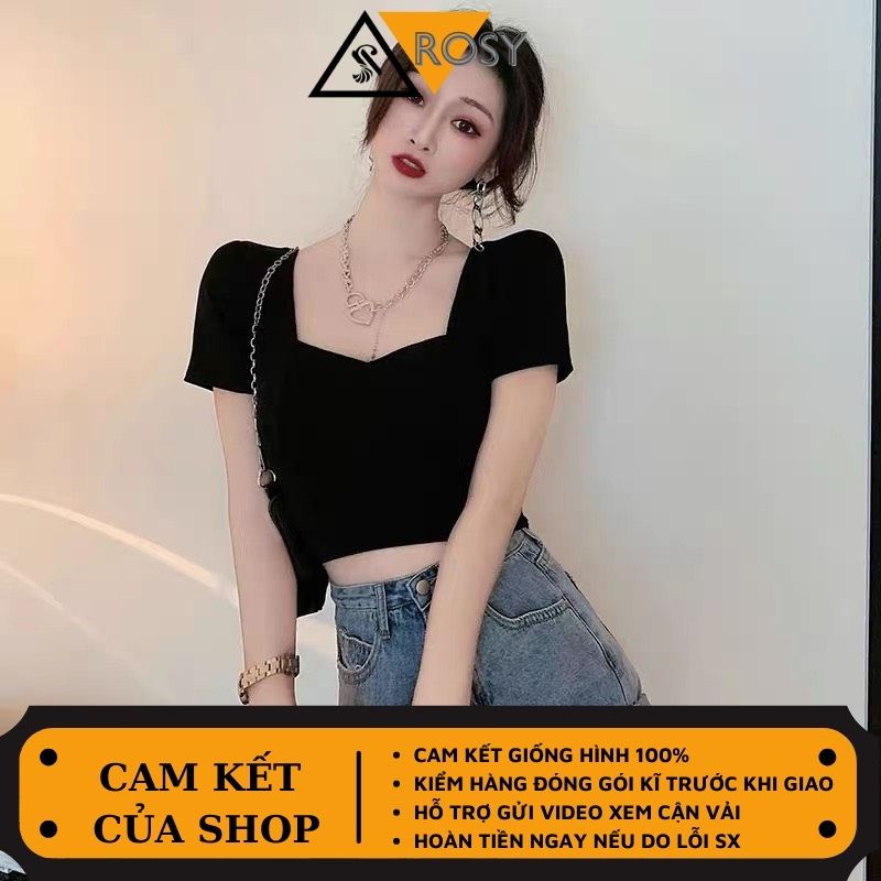 Áo nữ cổ tim tay ngắn chất borip gân co giãn siêu đáng yêu cho nữ
