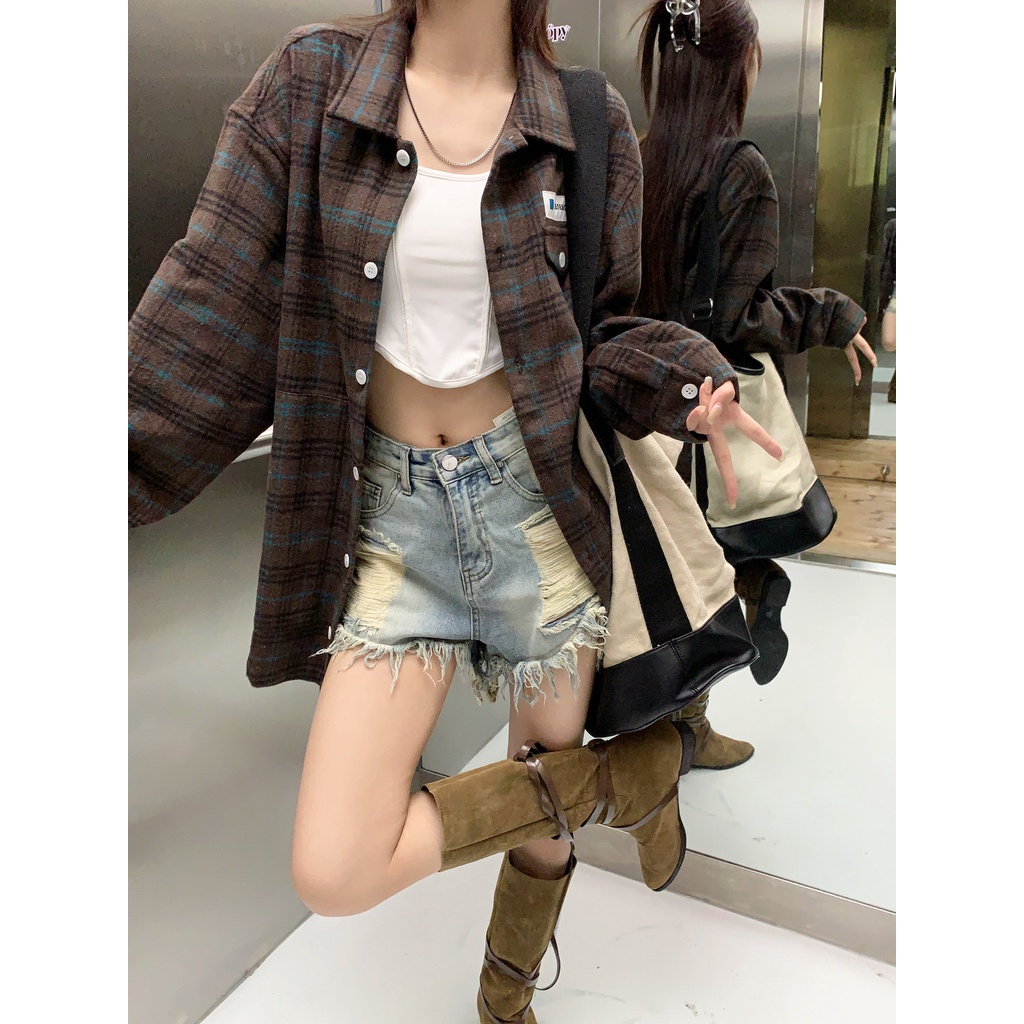 Áo Sơ Mi Caro Tay Dài Dáng Rộng Phong Cách Hàn Quốc Cho Nữ