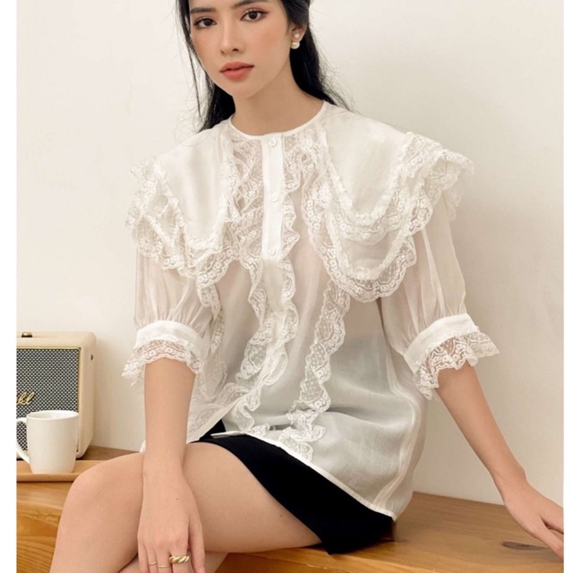 Áo sơ mi phối ren tay ngắn , Peace House Clothing