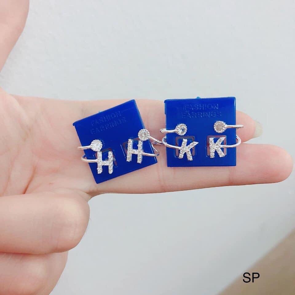 Bông tai nữ bạc thật giá rẻ mặt chữ cái chất liệu bạc ta sáng đẹp/ Trang sức bạc JQN