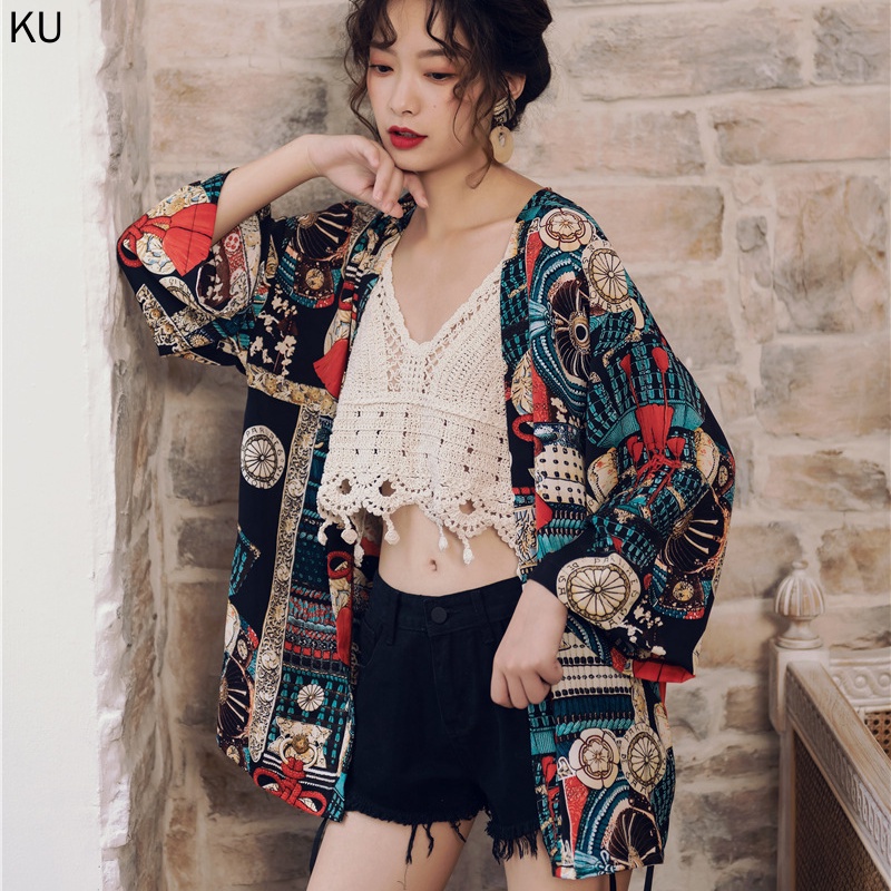 Áo khoác kimono tay dài in họa tiết phong cách Bohemian thời trang đi biển cho nữ
