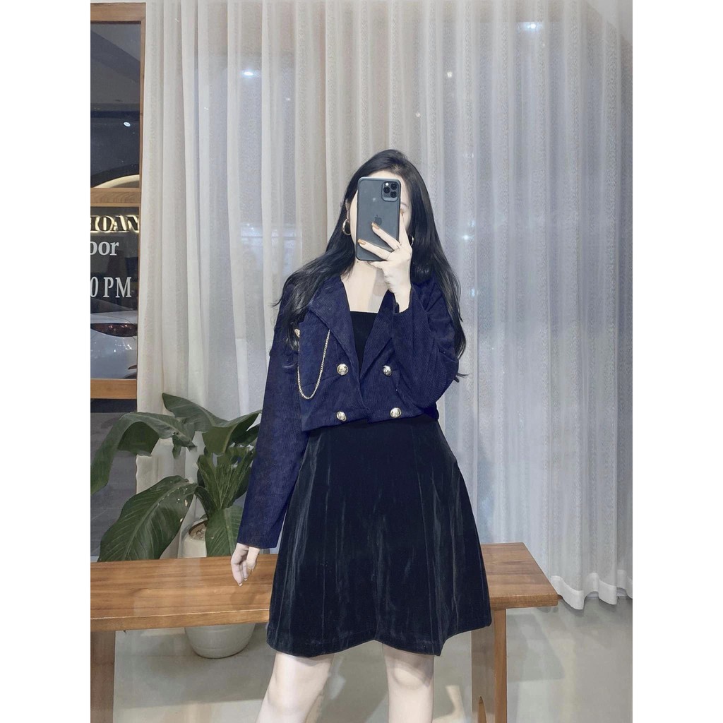Sét Váy Áo Khoác Nhung Cổ Vest + Váy 2 Dây Body | BigBuy360 - bigbuy360.vn
