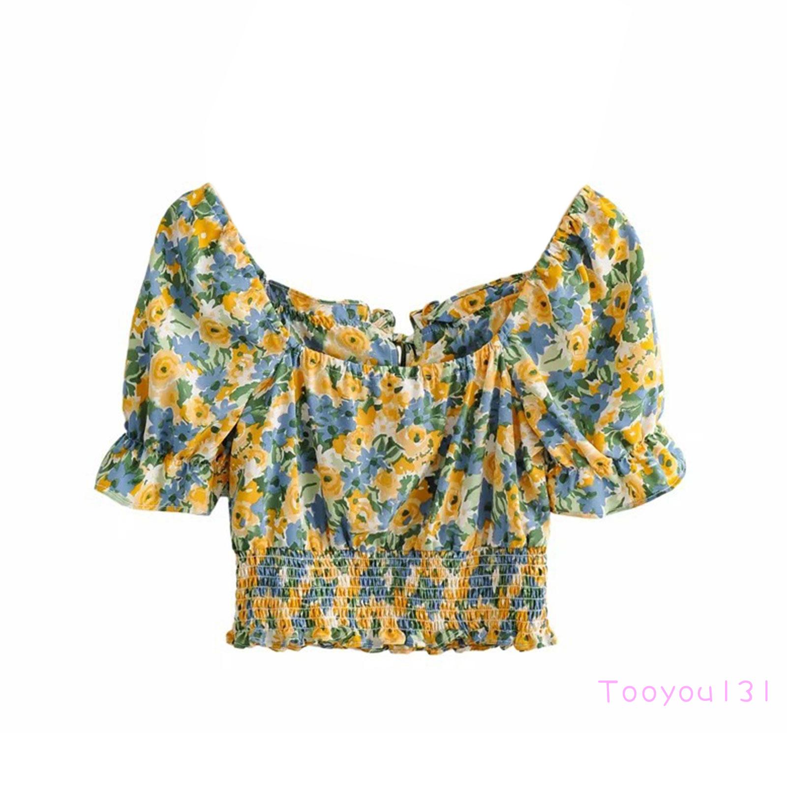 Ern-Female Crop Tops, Sunflower Print Square Neck Short Sleeve Pullover Short Shirt for Summer, S/M/L | BigBuy360 - bigbuy360.vn