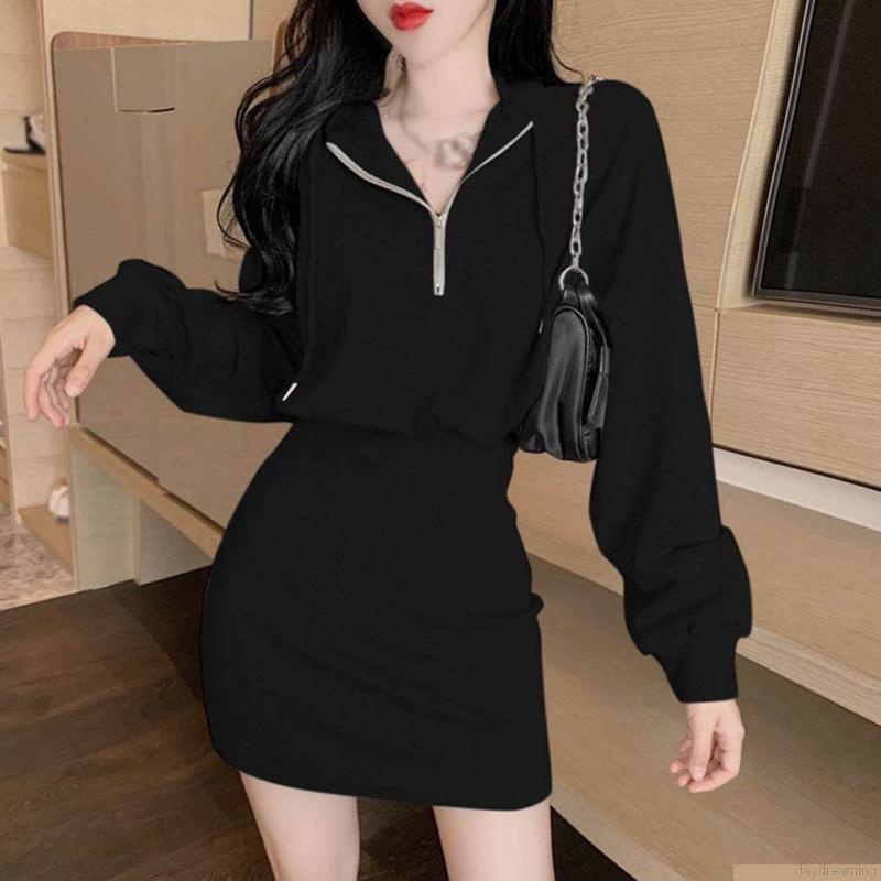 Đầm hoodie tay dài màu trơn phong cách Hàn Quốc thời trang độc đáo dành cho nữ