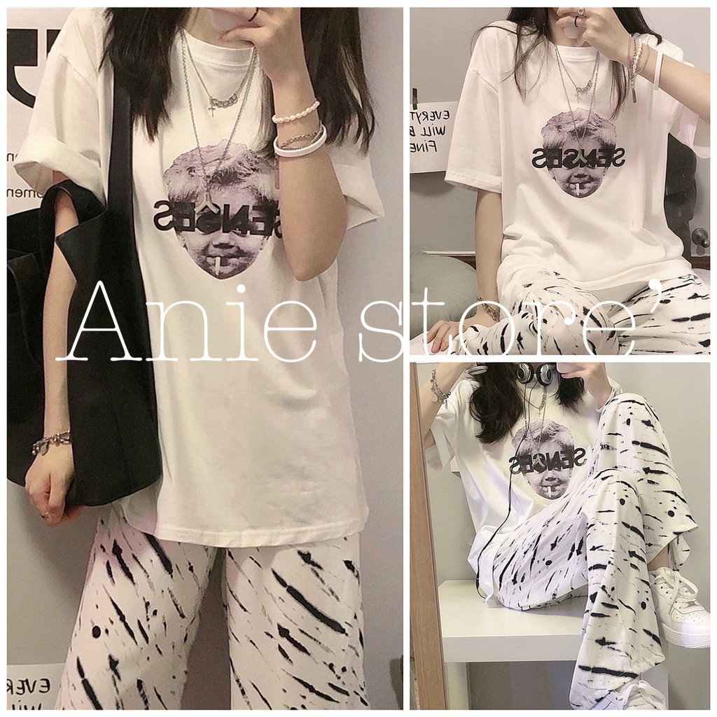 Bộ Quần Ngựa Vằn Áo Phông Unisex 🦋 Set Quần Culottes Ống Rộng Kèm Áo Thun Cộc Tay In Hình 🦋