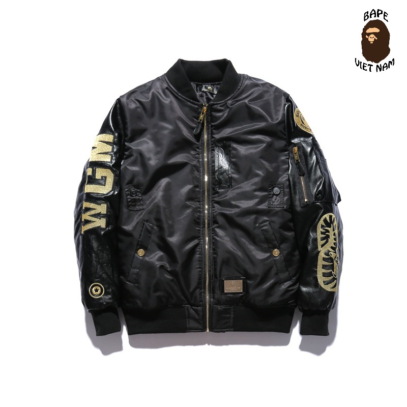 [ODER Best quality] Áo khoác Bape, Bomber Jacket Bape Gold, chất liệu Da tay áo Cotton thân áo, Oder 15 ngày