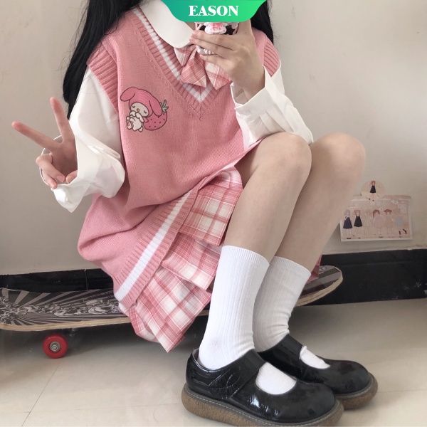 Áo Len Không Tay Cổ Chữ V Dáng Rộng In Hình Cinnamoroll Và Kuromi Phong Cách Nhật Bản Thời Trang Thu Đông Dành Cho Bạn Nữ