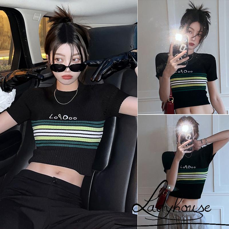 Áo Croptop Dệt Kim Tay Ngắn Cổ Tròn Họa Tiết Kẻ Sọc Thời Trang Mùa Hè Cho Nữ