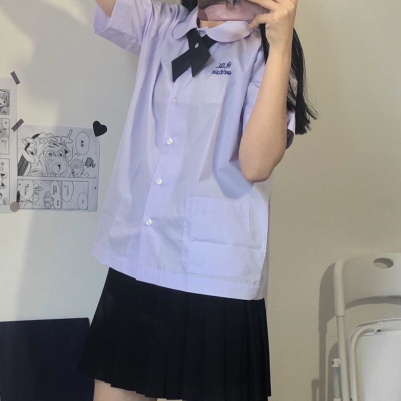 Thailand School Uniform round NeckjkUniform Student Light Purple Short-Sleeved Shirt First Love Xiaoshui Same Style Shirt College Style Female【5Month12Day After】