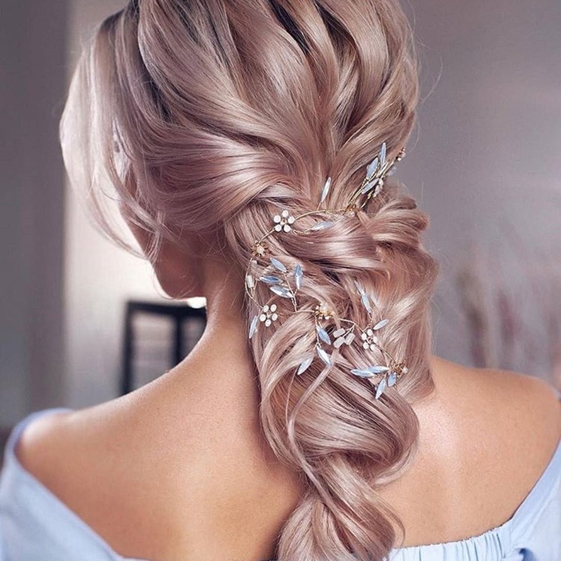 Bộ vòng đội đầu và khuyên tai hình hoa lá đính ngọc trai nhân tạo