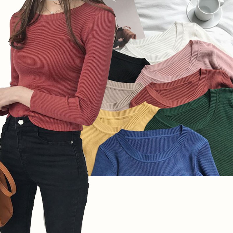 Áo len tay dài theo phong cách Hàn Quốc thiết kế màu trơn dễ phối đồ