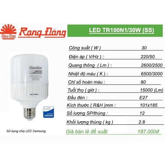 Bóng LED Trụ Rạng Đông 30W - ChipLed SAMSUNG
