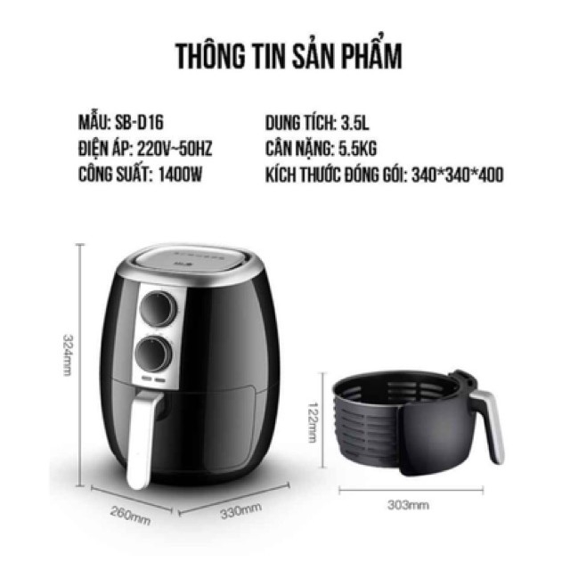 NỒI CHIÊN KHÔNG DẦU HÃNG SHANBEN D16 DUNG TÍCH 3,5 LÍT .