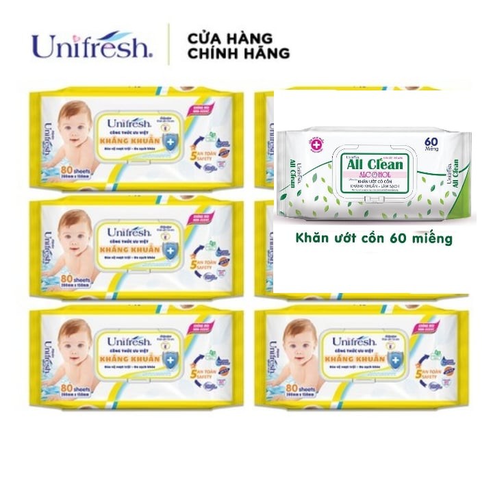 Khăn ướt em bé Unifresh Vitamin E và Nha đam 80 tờ/khăn ướt diệt khuẩn All clean