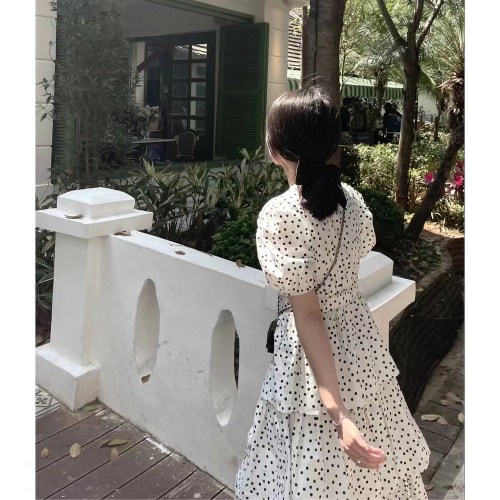 Đầm Tay Ngắn 2022 Họa Tiết Chấm Bi Đen Trắng Thời Trang Xuân Hè Cho Nữ