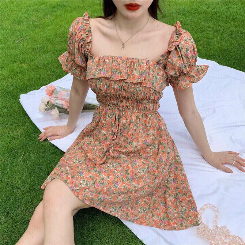 [Mã WAMT1505 giảm 10K đơn 0K] Đầm Hoa Nhí Cổ Vuông hoặc Trễ Vai Tay Bo