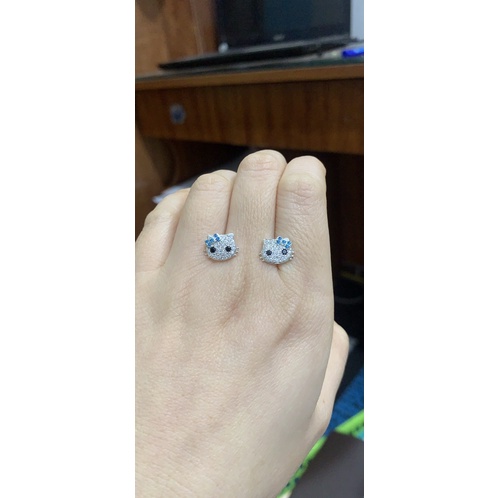 Khuyên tai mè Kitty nơ xanh dương bạc thật NGỌC MẬU