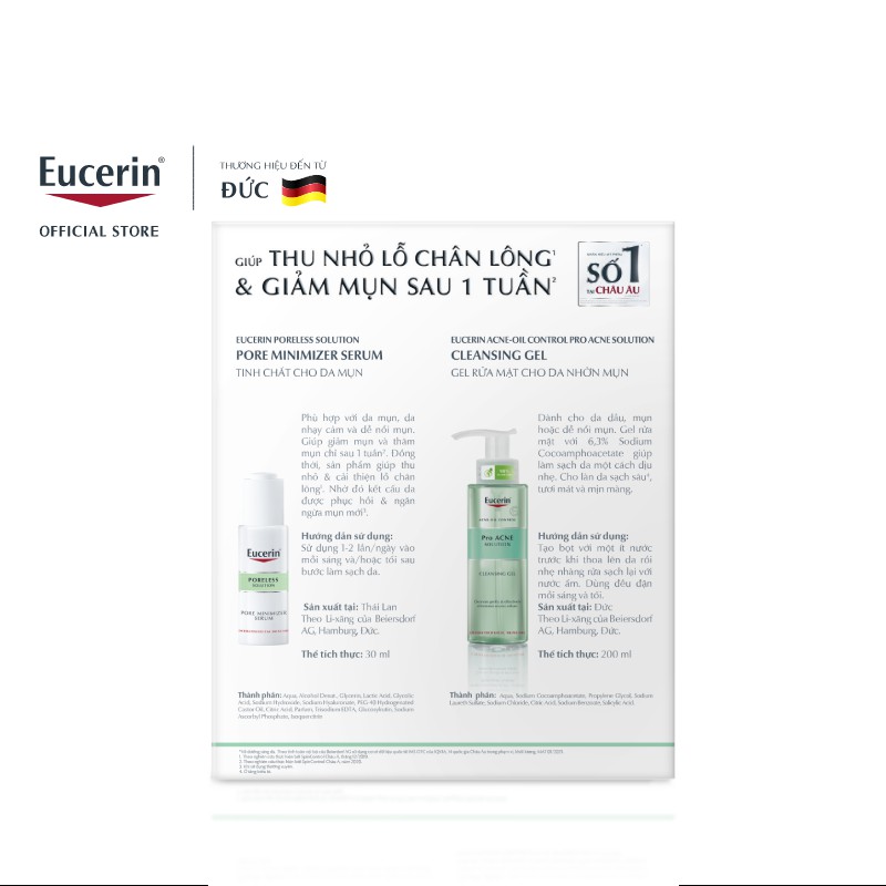 [Ưu Đãi 30%] Bộ sản phẩm giảm mụn Eucerin Pro Acne: Poreless Serum 30ml &amp; Gel Rửa Mặt 200ml