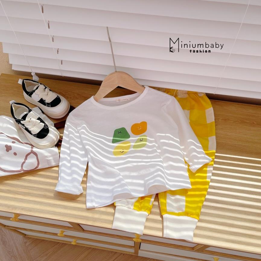 Bộ đồ áo dài tay MiniumBaby cotton sược quần dài cotton da cá thu đông in củ quả cho bé gái/ trai -SB1306
