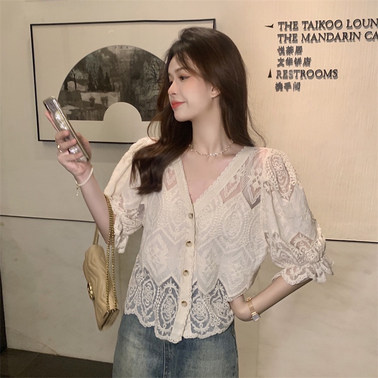 Áo sơ mi SUXI tay ngắn phồng dáng rộng phối ren màu sắc đơn giản thời trang mùa hè dành cho nữ