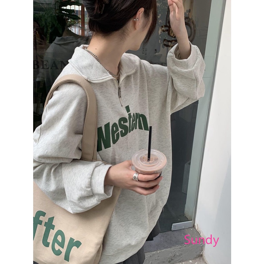 Áo Sơ Mi Tay Dài Dáng Rộng Màu Xám Nhạt Phối Khóa Kéo Thời Trang Xuân Thu Phong Cách Hàn Quốc Cho Nữ