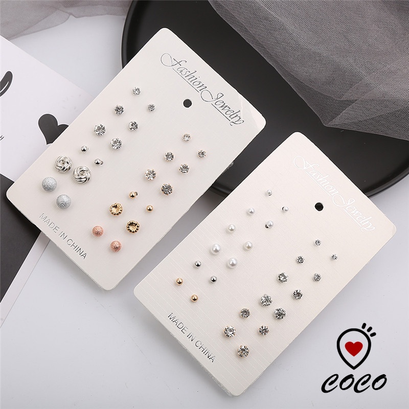 Set 12 Đôi Bông Tai Đính Đá Và Ngọc Trai Giả Thời Trang Xinh Xắn Cho Nữ