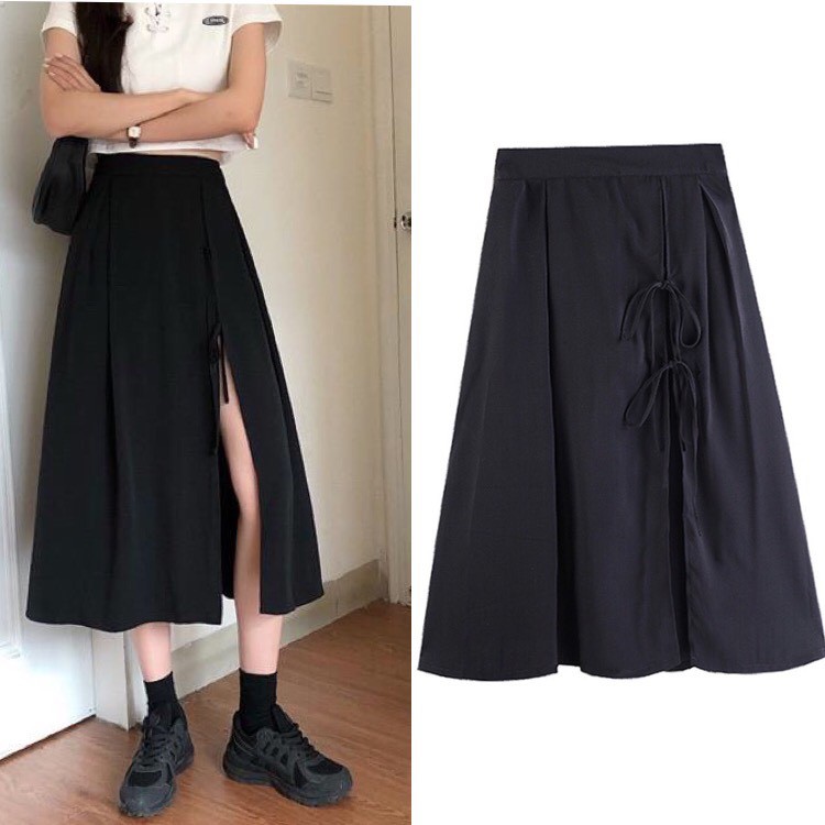 Chân váy đen xẻ tà thắt nơ cá tính có quần bên trong US152 | BigBuy360 - bigbuy360.vn