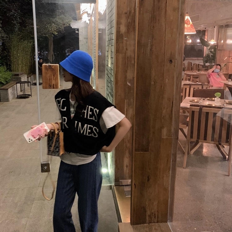 Áo dệt kim SUXI sát nách dáng rộng cổ chữ V in chữ phong cách Hàn Quốc thời trang mùa hè cho nữ