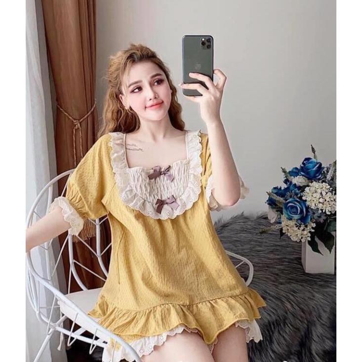 Bộ ngủ nơ bánh bèo chất cotton siêu mát