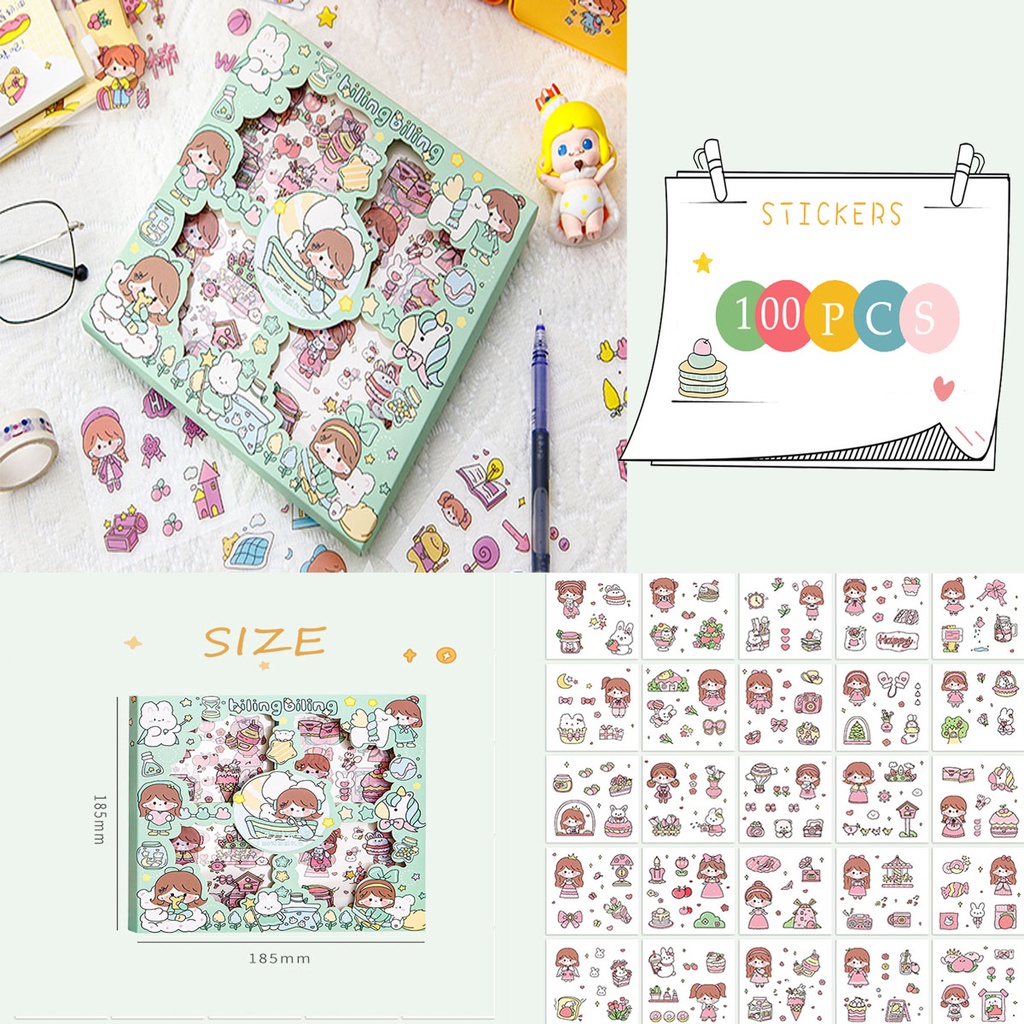 Bộ 100 Miếng Dán PET Chống Thấm Nước Không Gây Tiếng Ồn Họa Tiết Nhân Vật Hoạt Hình Dễ Thương Trang Trí Sổ Tay DIY
