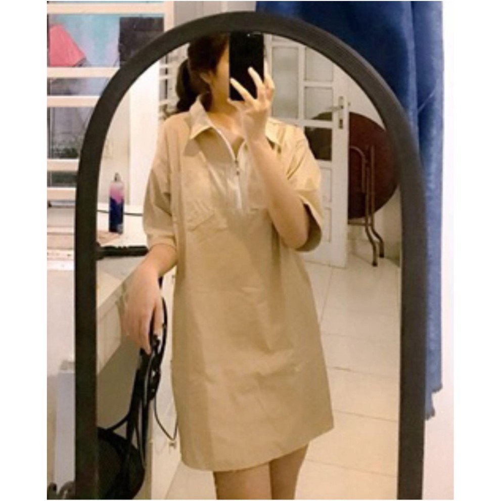 Váy Phối Cổ Sơ Mi Khóa Zip PEONYB Nữ [FREESHIP]🌸 Đầm thun suông tay lỡ kiểu dáng basic có túi ngực bánh bèo Ulzzang HOT